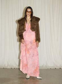 AiiRZ Vestido largo con estampado bohemio, tirantes de espagueti, sin mangas, detalle de volantes y nudo delantero