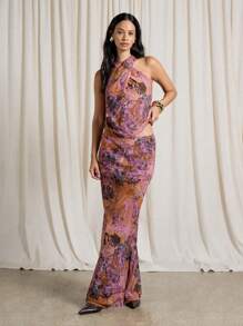 AiiRZ Conjunto de dos piezas con top de cuello de halter drapeado estampado y falda larga maxi