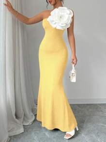 Elenzga Vestido sin mangas de unicolor con cuello asimétrico y flor decorativa, vestido elegante de verano para mujeres