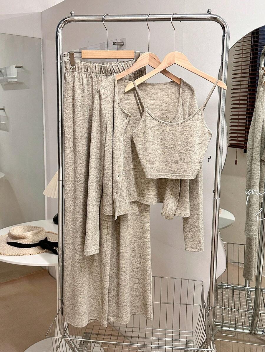 Franclia 3pcs/Set Women Casual Everyday Matching Camisole, Long Sleeve Cardigan And Elastic Waist Straight Pants Knitted Suit, Beige, Autumn/Winter Fall Cloth For Women - Apricot - View 1