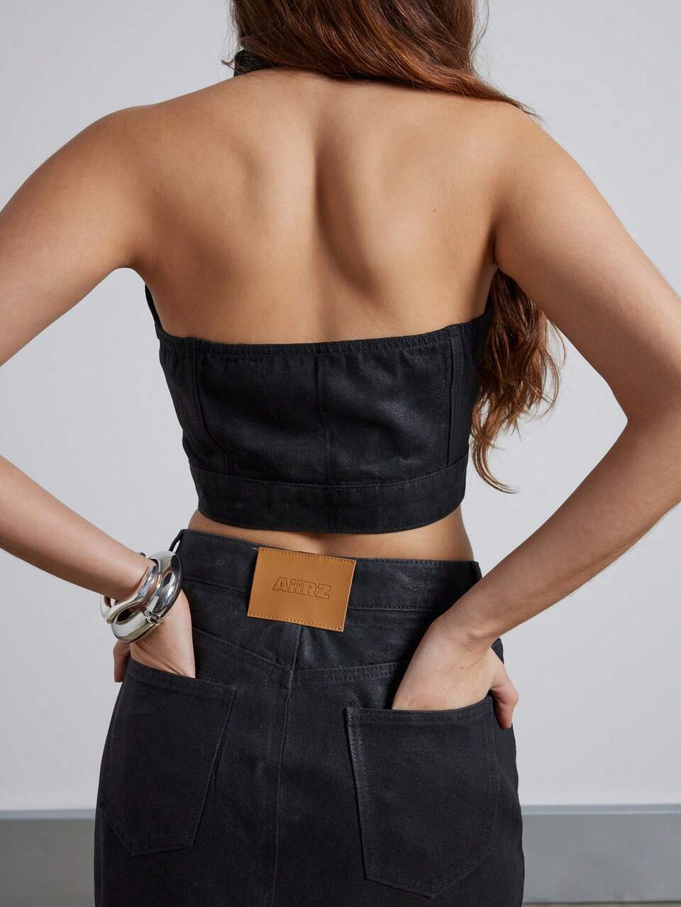 Coated Denim Halter Crop Top With Midi Skirt Set