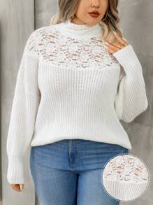 Calvaya Plus Size Solid Color Lace Patchwork Knit Sweater, Spring/Fall Knit Pullover Fall Winter - White - View 3