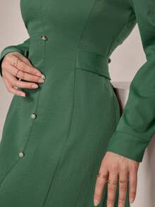 Modelyn 女士纯色撞色前扣长袖休闲连衣裙长款女士装长款晚礼服 - 綠色 - 查看 3