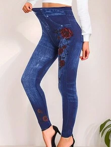 蓝色欧美女士休闲运动紧身裤，玫瑰花朵印花，牛仔效果，高弹力紧身，柔软舒适，适合居家、运动、瑜伽、健身、户外、春夏季 - 藍色 - 查看 7