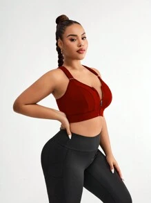 Plus Size Sports Racerback Bra With Adjustable Hook-And-Loop Shoulder Straps, Front Zipper Closure, High Support,With Sewn-In Pads,Non-Removable Pads For Women High Support Racerback,Workout, Yoga, Running For Chinese New Year