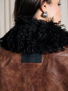 AiiRZ Designer Luxury Faux Fur Trim Zip Up Motorcycle Style Winter Holiday Fashion Statement Short Jacket With Black Shaggy Teddy Collar Cuffs Hem - Multicolor - View 6