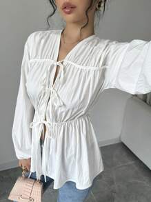 Chiquease 女士纯色灯笼袖前系带宽松白色休闲衬衫，春夏 - 彩色 - 查看 6
