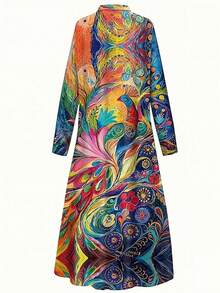 Blus Lengan Panjang Wanita Kasual/Komuter dengan Kancing Depan, Model A-Line Longgar, Desain Cetak Motif Musim Gugur Terlaris - MultiWarna - View 2