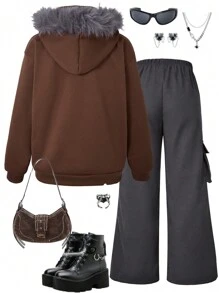 SHEIN Conjunto de 2 piezas para adolescentes: Ropa con capucha de diseño estampado y forro térmico + Pantalones cargo de pierna ancha, adecuado para ropa casual de calle en otoño/invierno - Multicolor - Ver 2