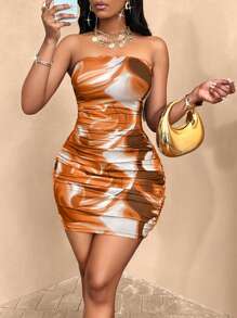 SOLERSUN Marble Print Tube Bodycon Party Dress (Random Floral Pattern) For Women