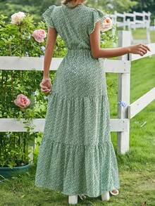女士 V 领花卉荷叶边度假春夏连衣裙 - 綠色 - 查看 2