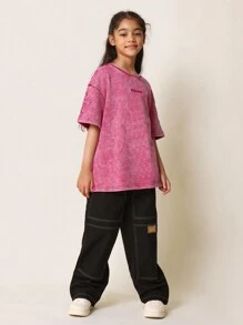 SUMWON Oversized Summer T Shirt Girls Cute Washed Design Graphics Forever Slogan Back Print Street Style Casual Daily Wear Cotton Comfort Top - Hot Pink - View 4