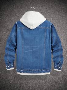 Manfinity Homme Jaket Denim Polos Kasual Longgar Pria dengan Dekorasi Mutiara, Musim Gugur, Untuk Liburan - Biru - View 2