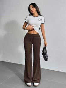 SHEIN EZwear Drawstring Waist Flare Leg Sweatpants - Brown - View 6