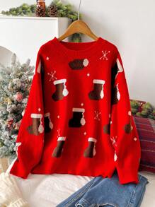 SHEIN Frenchy Áo len chui đầu họa tiết Giáng sinh cỡ lớn Intarsia - Đỏ - Xem 3