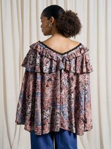 AiiRZ Boho Paisley Print Wide V-Neck Front Tie Flared Sleeve Top - Brown - View 2