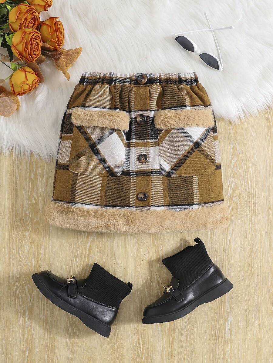 Jupe mini en tricot à carreaux à ligne A avec poches moelleuses, boutons décoratifs, style de rue décontracté pour pré-adolescentes - Camel - Voir 1