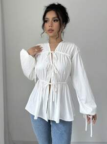 Chiquease 女士纯色灯笼袖前系带宽松白色休闲衬衫，春夏 - 彩色 - 查看 3