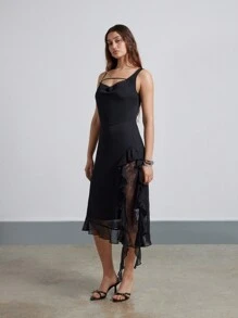 AiiRZ Đầm midi boho cổ tròn không tay viền bèo nhún bất đối xứng - màu đen - Xem 5