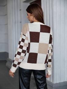 Chiquease Áo len dài tay cổ tròn kẻ caro nhiều màu sắc, kiểu dáng thường ngày, thích hợp cho mùa thu/đông. - Nhiều màu - Xem 2