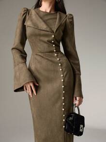 Heiryn 女士优雅长裙，圆领，喇叭袖，纽扣设计，适合秋季 - 軍綠色 - 查看 1