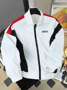 Manfinity Hypemode 男式撞色拉链字母印花夹克 - 白色 - 查看 1