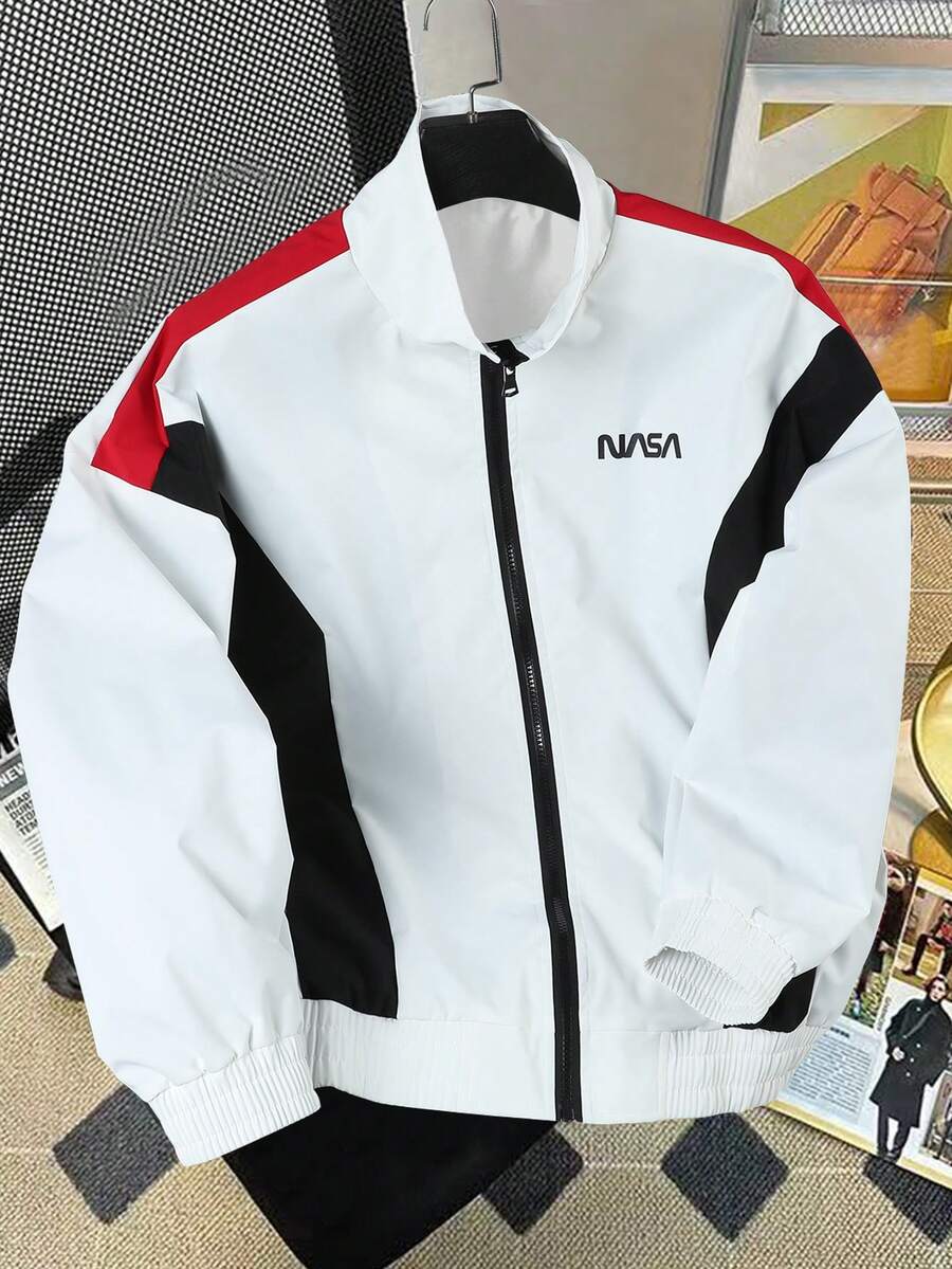 Manfinity Hypemode 男式撞色拉链字母印花夹克 - 白色 - 查看 1