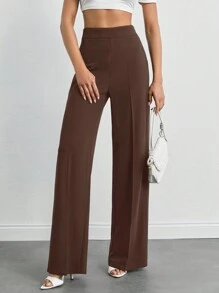 SHEIN Tall Pantaloni casual de damă, cu talie înaltă, de culoare uni, cu picioare largi, lungime întreagă - Maro - Vizualizare 3