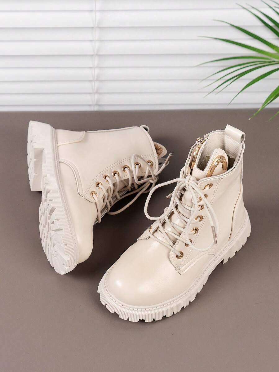 Kids Casual Daily Short Boots With Grommet Lace Up And Side Zipper