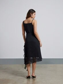 AiiRZ Đầm midi boho cổ tròn không tay viền bèo nhún bất đối xứng - màu đen - Xem 2