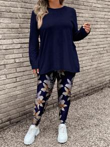 EMERY ROSE 2 件套大码女式花卉印花长袖 T 恤和瑜伽裤，休闲秋冬装 - 藏蓝色 - 查看 3