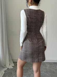 SHEIN PETITE 女士合身 A 字格纹休闲连衣裙