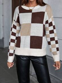 Chiquease Áo len dài tay cổ tròn kẻ caro nhiều màu sắc, kiểu dáng thường ngày, thích hợp cho mùa thu/đông. - Nhiều màu - Xem 4