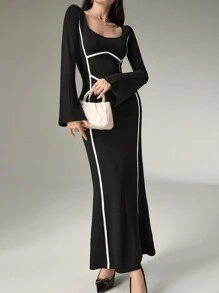 Modelyn Women's Elegant Color Block Flare Sleeve Fitted Long Dress, For Autumn Long Evening Dresses - Black and White - View 5