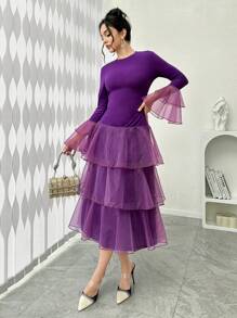 Modelyn 优雅女士荷叶边下摆欧根纱修身派对礼服长款晚礼服 - 紫色 - 查看 1