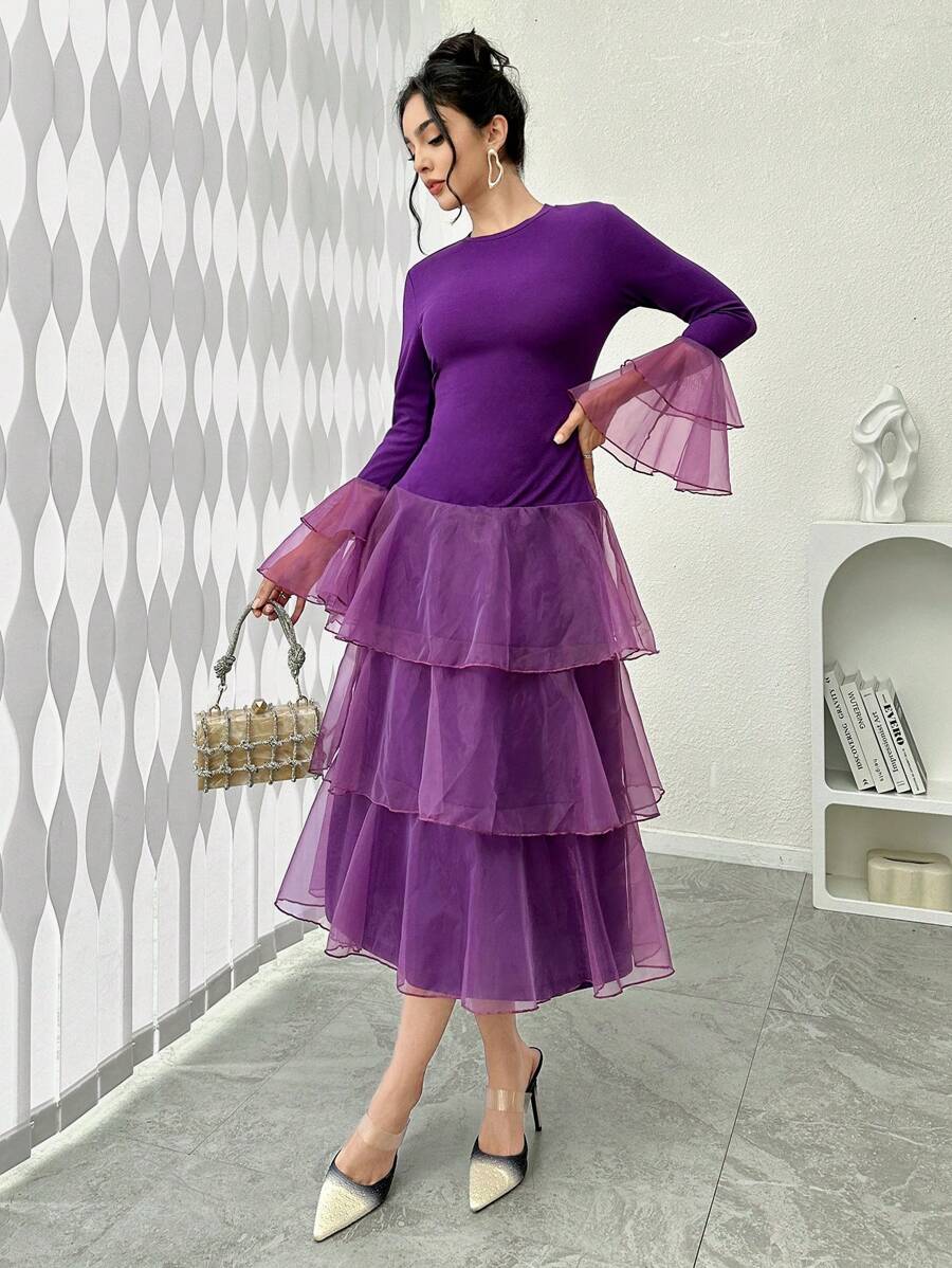 Modelyn 优雅女士荷叶边下摆欧根纱修身派对礼服长款晚礼服 - 紫色 - 查看 1