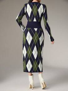 Modelyn Women Casual Argyle Pattern Waist Knitted Sweater Dress