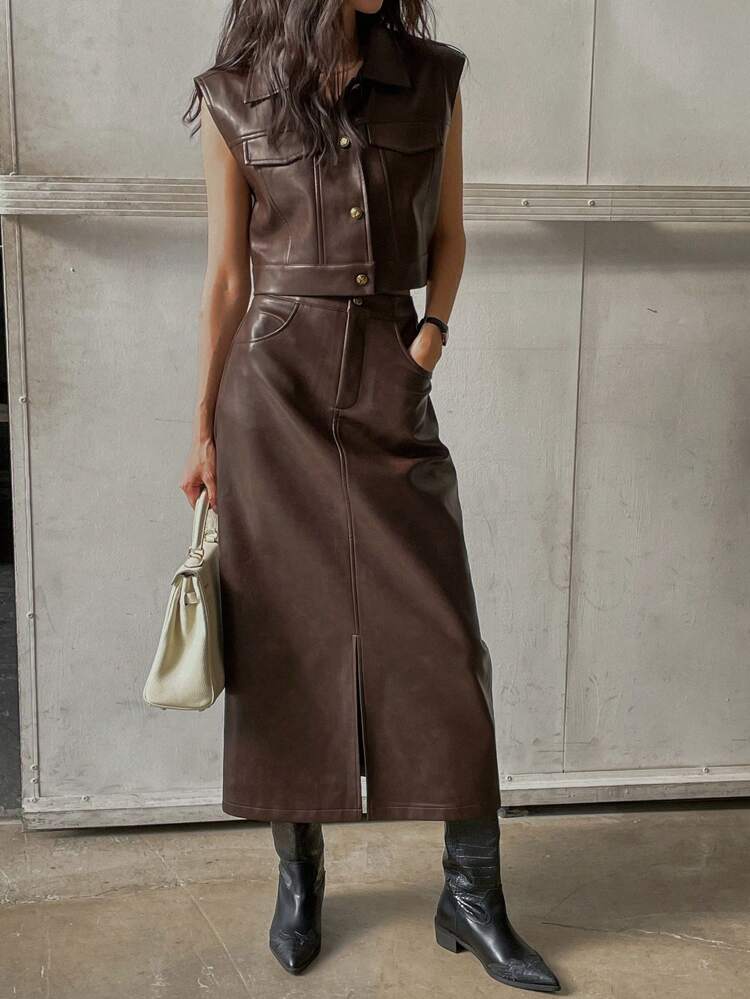 Women's Fall/Winter PU Leather Flap Detail Sleeveless Jacket & Split Hem Straight Skirt 2pcs Set