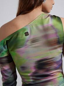 AiiRZ Watercolour Abstract Print Asymmetrical Drape Cowl Neck Fitted Bodycon Mini Dress - Army Green - View 4