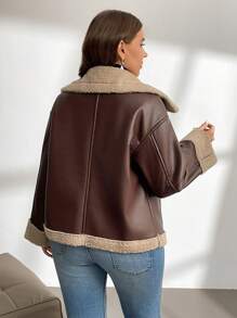 SHEIN Privé 大码女式秋冬舒适百搭复古 Y2K 户外保暖防风 PU 皮革拼接仿羊毛长袖夹克 - 杏色 - 查看 2