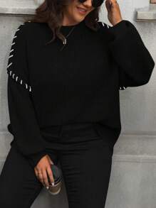 SHEIN LUNE 大码女式休闲撞色拼接落肩宽松罗纹针织套头毛衣，适合冬季和秋季穿着 - 黑色 - 查看 6