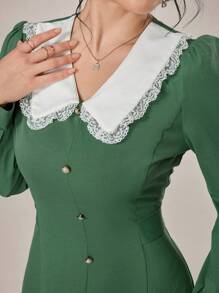 Modelyn 女士纯色撞色前扣长袖休闲连衣裙长款女士装长款晚礼服 - 綠色 - 查看 7