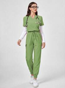 TaskEZ Conjunto de uniforme de pijama quirúrgico de unicolor con top de manga corta y pantalones - Verde - Ver 4