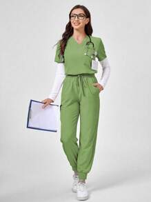 TaskEZ Conjunto de uniforme de pijama quirúrgico de unicolor con top de manga corta y pantalones - Verde - Ver 6