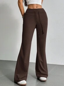 SHEIN EZwear Drawstring Waist Flare Leg Sweatpants - Brown - View 5