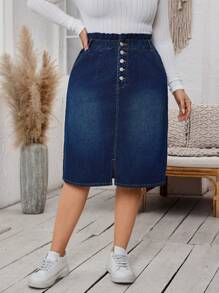 SHEIN LUNE Plus Size Women Casual Paper Bag Waist Button Fly Straight Denim Skirt - Dark Wash - View 4