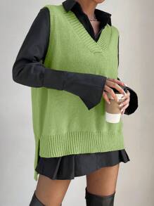 Chiquease 女士 V 领休闲毛衣背心，侧开衩下摆，纯色，秋冬 - 薄荷綠 - 查看 5