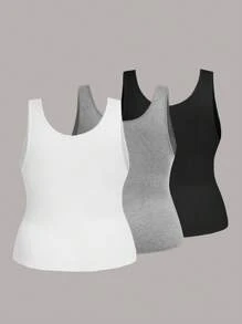 SHEIN LUNE Casual Minimalist Large Scoop Neck Tank Top For Plus Size Women, Slim Fit Tank Tops, Suitable For Summer