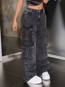 SHEIN Quần jeans ống rộng cạp thấp xếp ly, kiểu cargo, phong cách Y2K dành cho nữ tuổi teen, chất liệu wash đá, có túi nắp, thích hợp cho thời trang đường phố thu đông. - màu đen - Xem 3