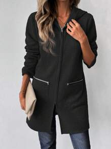 SHEIN LUNE Chaqueta de sudadera de mangas largas con capucha, cuello caído, con cremallera, de longitud media, para mujer, de estilo informal, para otoño